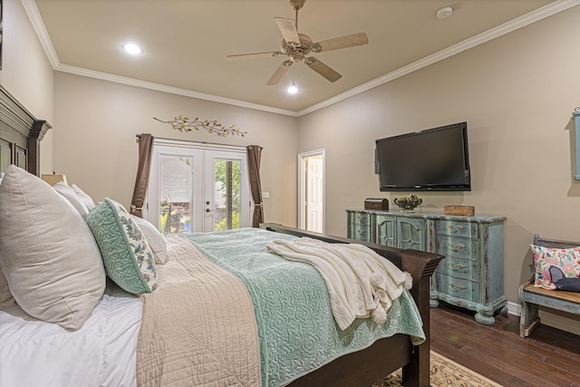 bedroom featuring french doors, crown molding, dark hardwood / wood-style floors, ceiling fan, and access to exterior