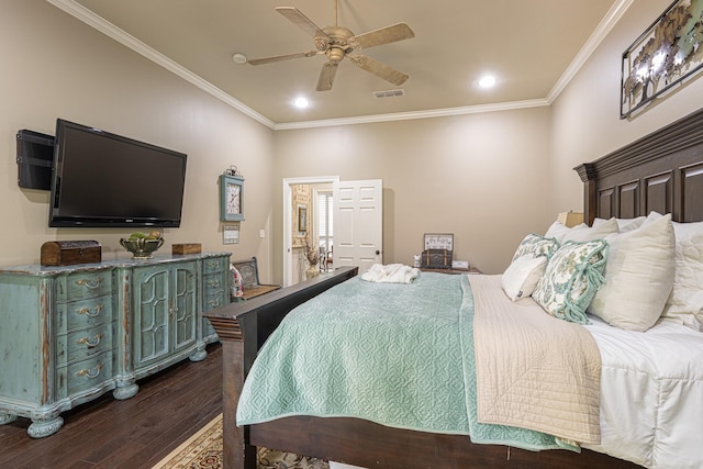 bedroom with dark hardwood / wood-style flooring, ornamental molding, and ceiling fan