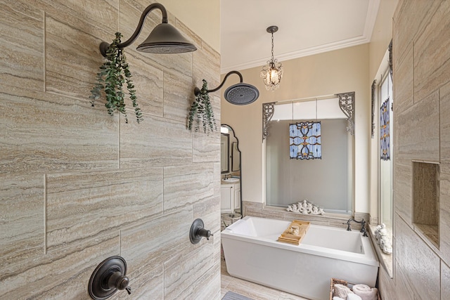 bathroom with ornamental molding, tile patterned floors, and plus walk in shower