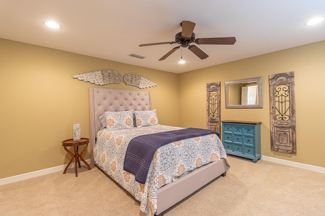 bedroom with ceiling fan and carpet