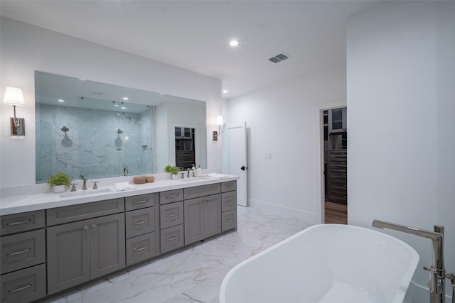 bathroom with plus walk in shower and vanity