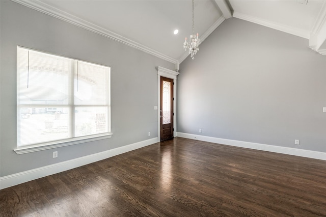 empty room featuring crown molding, a healthy amount of sunlight, and an inviting chandelier