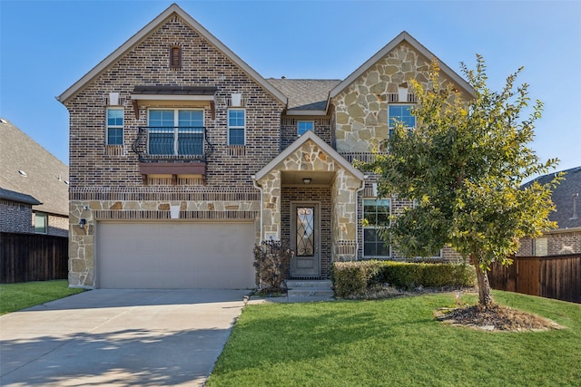 view of property featuring a garage and a front lawn