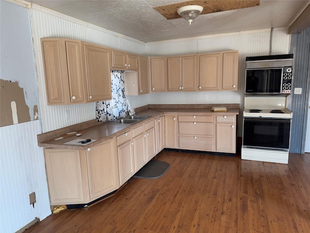 kitchen featuring dark wood-style floors, white range with electric stovetop, a sink, and light brown cabinetry