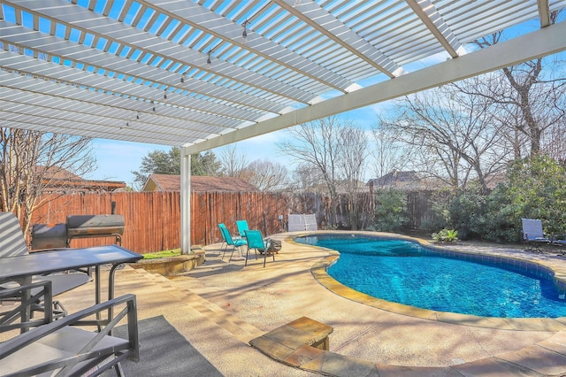 view of swimming pool featuring a patio, grilling area, and a pergola