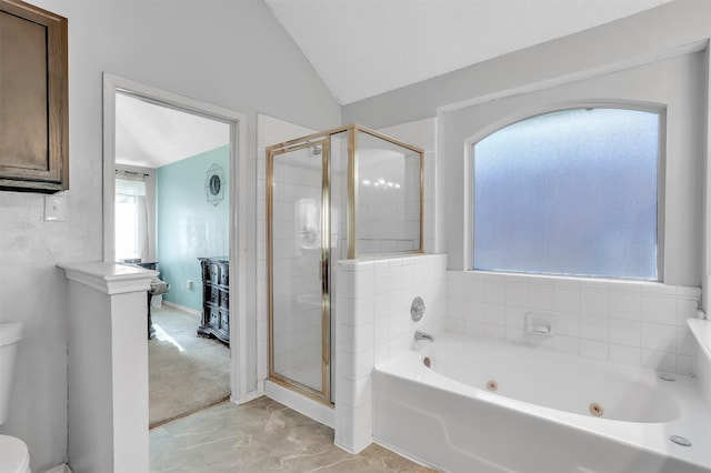 bathroom with independent shower and bath, lofted ceiling, and toilet