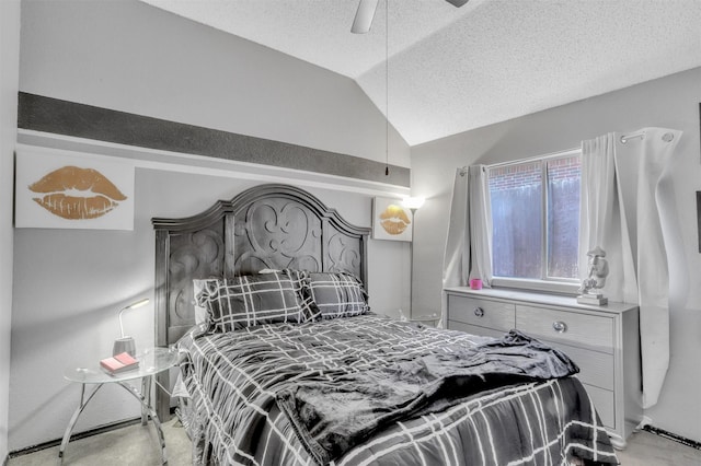 carpeted bedroom with a textured ceiling, vaulted ceiling, and ceiling fan