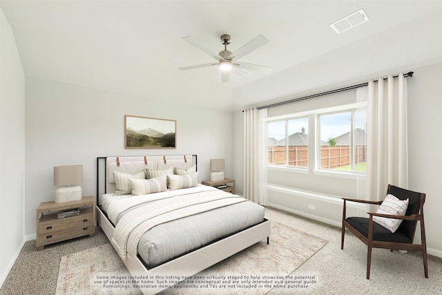 carpeted bedroom featuring ceiling fan