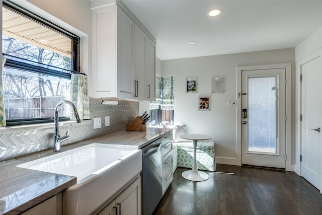 kitchen with dark wood-type flooring, stainless steel dishwasher, plenty of natural light, and sink