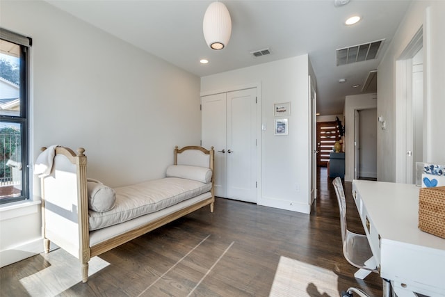 bedroom with multiple windows, dark hardwood / wood-style flooring, and a closet