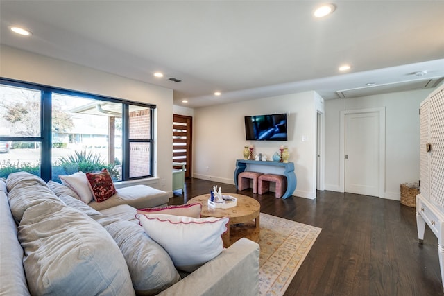 living room with dark hardwood / wood-style flooring