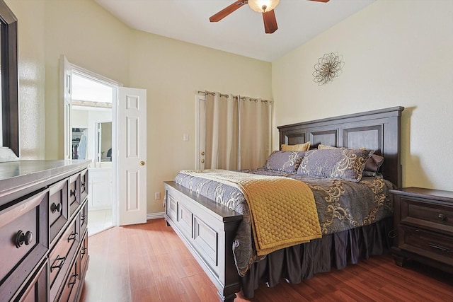 bedroom featuring ceiling fan and light hardwood / wood-style flooring