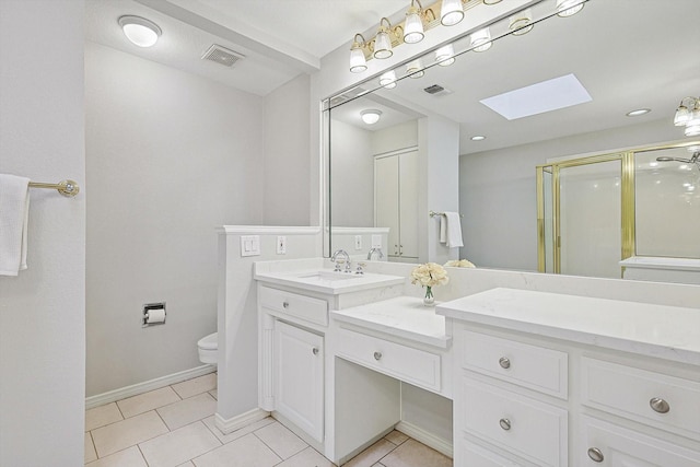 bathroom with a shower stall, toilet, visible vents, and tile patterned floors