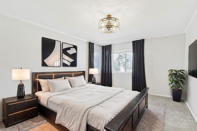 bedroom featuring an inviting chandelier, baseboards, and ornamental molding