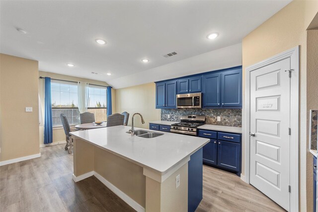 kitchen with blue cabinetry, sink, a center island with sink, stainless steel appliances, and decorative backsplash