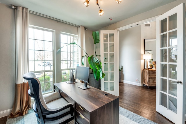 office area featuring dark hardwood / wood-style flooring and french doors