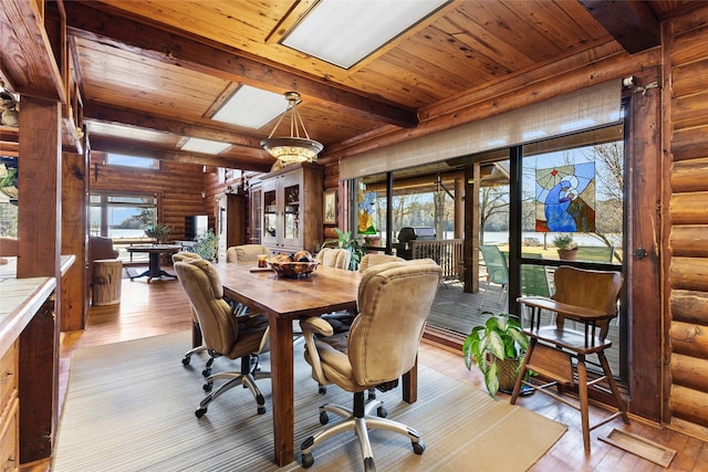 dining space featuring wood ceiling, log walls, beam ceiling, and light hardwood / wood-style floors