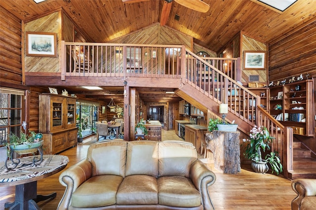 living room featuring wood walls, wooden ceiling, high vaulted ceiling, and light hardwood / wood-style flooring