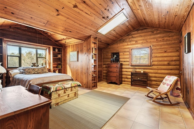 tiled bedroom with wood ceiling, log walls, and lofted ceiling with skylight