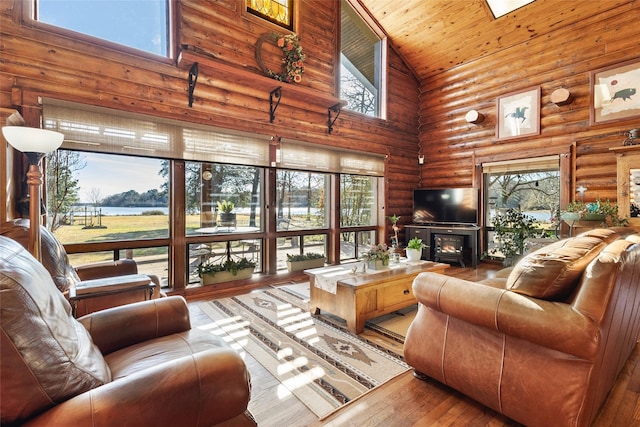 living room featuring a fireplace, high vaulted ceiling, rustic walls, hardwood / wood-style flooring, and wood ceiling