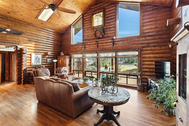 living room featuring wood ceiling, log walls, plenty of natural light, and high vaulted ceiling