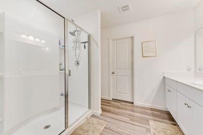 bathroom featuring vanity, wood-type flooring, and walk in shower