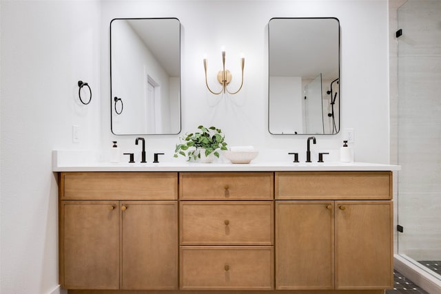 bathroom featuring vanity and an enclosed shower