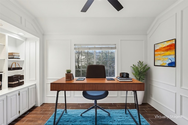 office with ceiling fan, ornamental molding, and vaulted ceiling