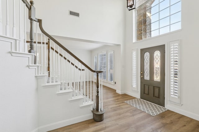 foyer entrance with plenty of natural light, hardwood / wood-style floors, and a high ceiling