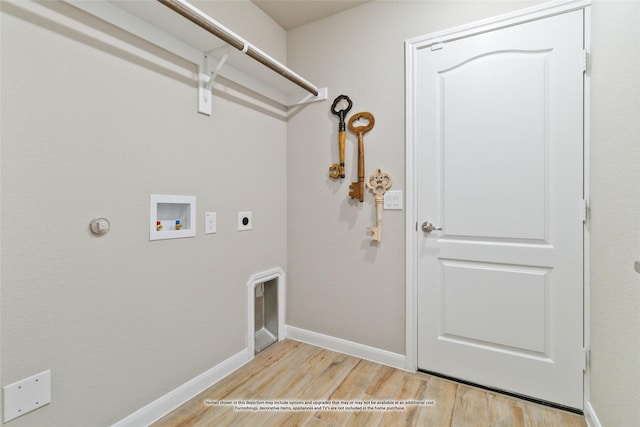 laundry room with washer hookup, hookup for an electric dryer, hookup for a gas dryer, and light hardwood / wood-style floors