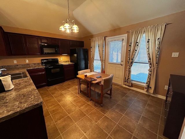 kitchen with lofted ceiling, sink, black appliances, decorative light fixtures, and a chandelier