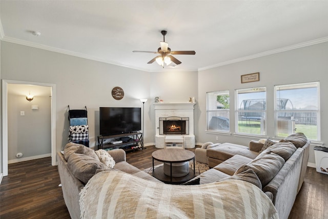 living room featuring crown molding and dark hardwood / wood-style flooring