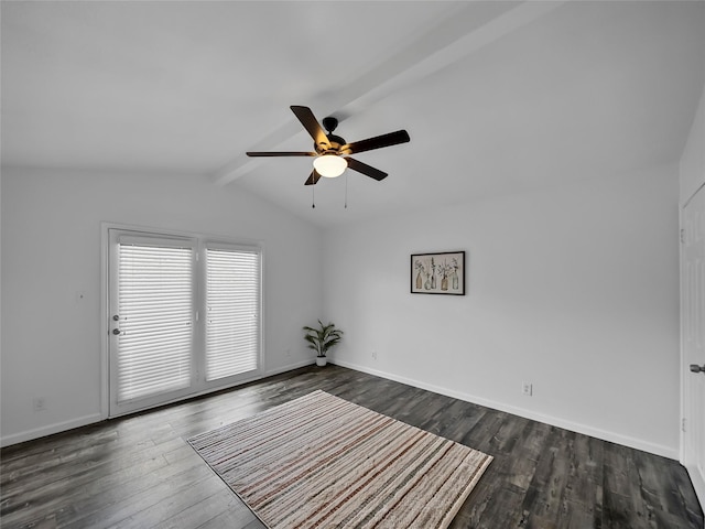 empty room with lofted ceiling with beams, dark wood-type flooring, and ceiling fan