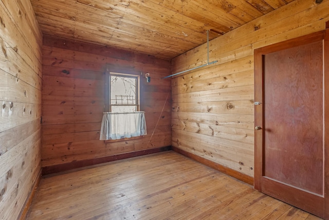 spare room with wood ceiling, hardwood / wood-style flooring, and wooden walls