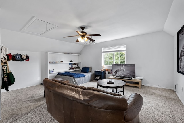 carpeted living room with lofted ceiling and ceiling fan