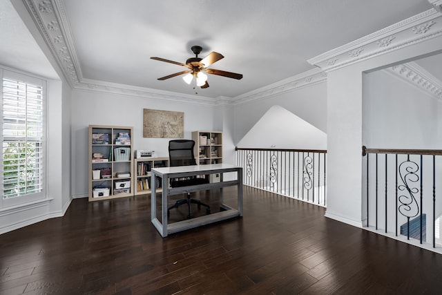 office area featuring dark hardwood / wood-style flooring, crown molding, and ceiling fan