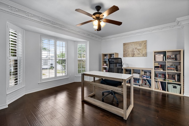 office featuring crown molding, dark wood-type flooring, and ceiling fan