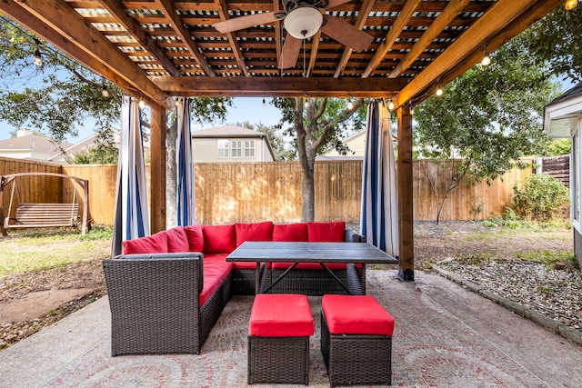 view of patio / terrace with ceiling fan, outdoor lounge area, and a pergola