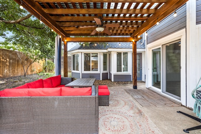 view of patio featuring an outdoor hangout area, ceiling fan, and a pergola