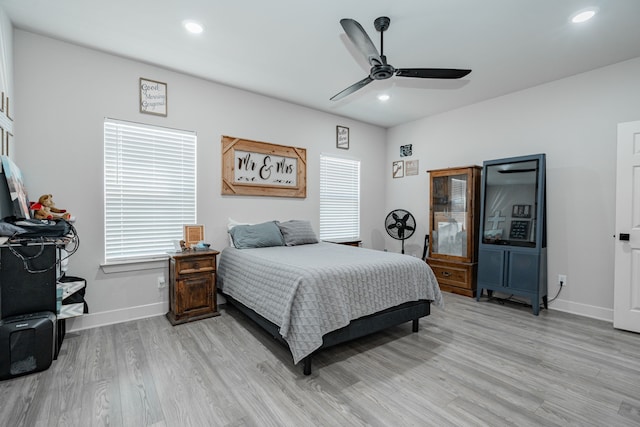 3010 Morris Rd, Mabank, TX 75147 - bedroom with light wood-style floors, baseboards, recessed lighting, and a ceiling fan