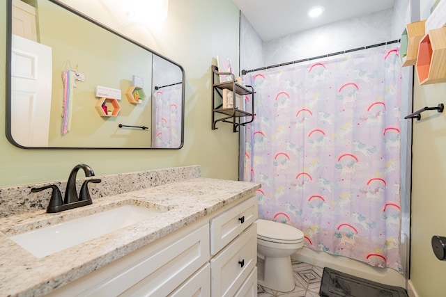 3010 Morris Rd, Mabank, TX 75147 - bathroom with toilet, vanity, shower / tub combo, and recessed lighting