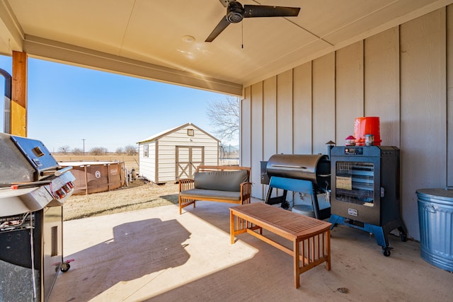 3010 Morris Rd, Mabank, TX 75147 - view of patio / terrace with a storage shed, ceiling fan, an outbuilding, and grilling area