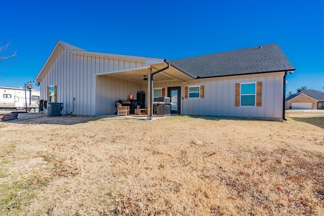 rear view of house with ceiling fan, a patio area, and central air condition unit