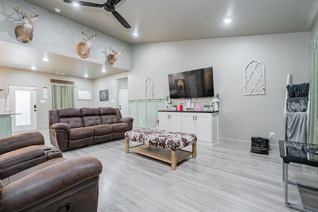 3010 Morris Rd, Mabank, TX 75147 - living room featuring a ceiling fan, light wood-style flooring, recessed lighting, baseboards, and high vaulted ceiling