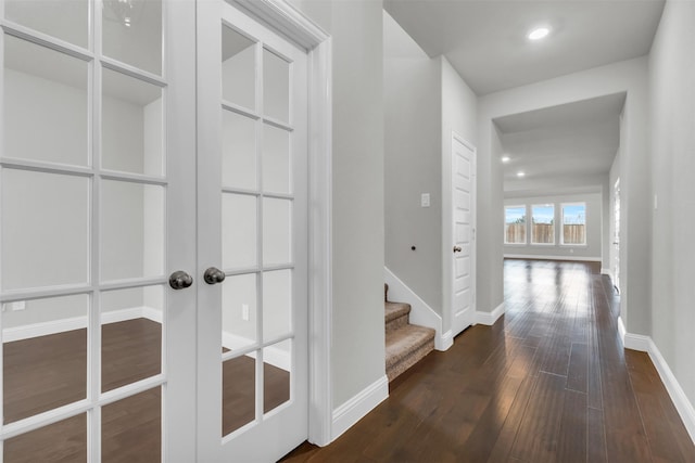 hallway with baseboards, stairway, recessed lighting, french doors, and dark wood-style floors