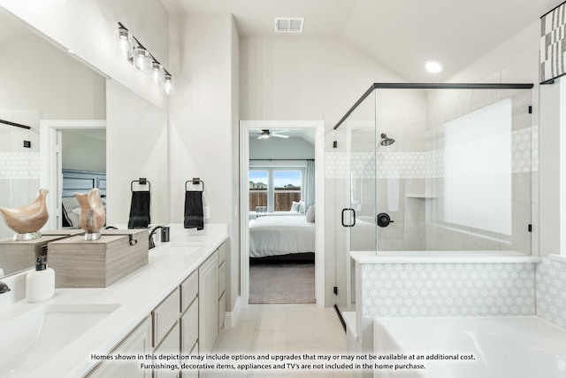 bathroom with ceiling fan, vanity, plus walk in shower, vaulted ceiling, and tile patterned floors