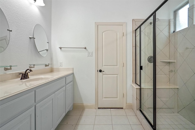 bathroom featuring walk in shower, tile patterned floors, and vanity