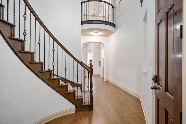 entrance foyer featuring a towering ceiling and wood-type flooring