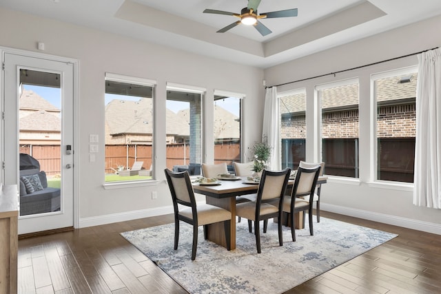 sunroom featuring ceiling fan and a raised ceiling