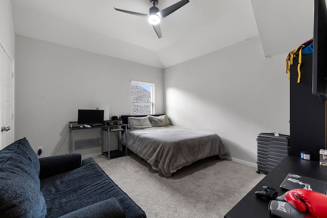 bedroom with lofted ceiling, light carpet, and ceiling fan